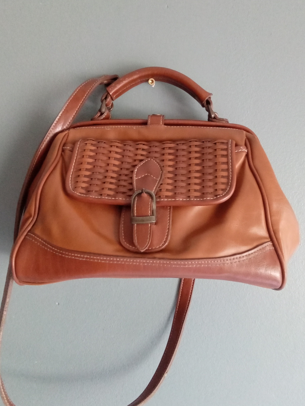 Vintage Brown Faux‎ Leather Woven Doctor Bag Satchel Crossbody Handbag
